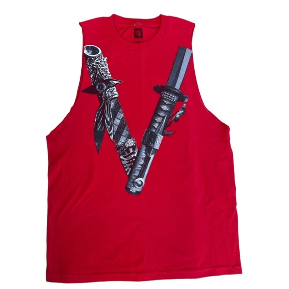 Red sleeveless crewneck tee‎ WWE Shinsuke Nakamura katana graphic. 100% cotton. - Picture 1 of 6
